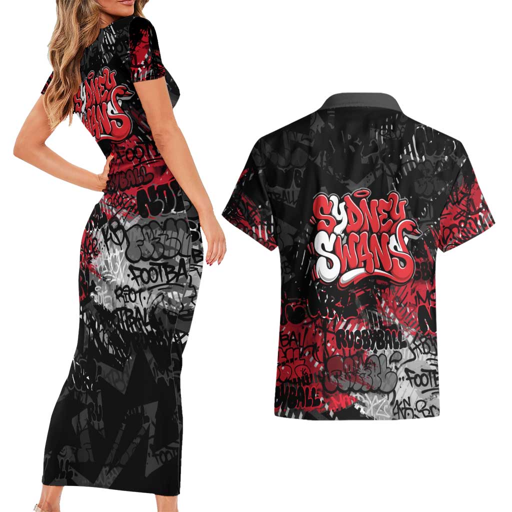 Sydney Swans Couples Matching Short Sleeve Bodycon Dress and Hawaiian Shirt Urban Graffiti Street Art - Bold Abstract Spray Paint
