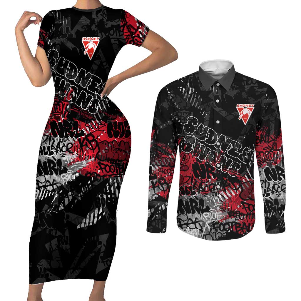Sydney Swans Couples Matching Short Sleeve Bodycon Dress and Long Sleeve Button Shirt Urban Graffiti Street Art - Bold Abstract Spray Paint