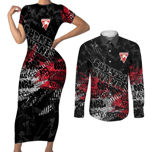 Sydney Swans Couples Matching Short Sleeve Bodycon Dress and Long Sleeve Button Shirt Urban Graffiti Street Art - Bold Abstract Spray Paint