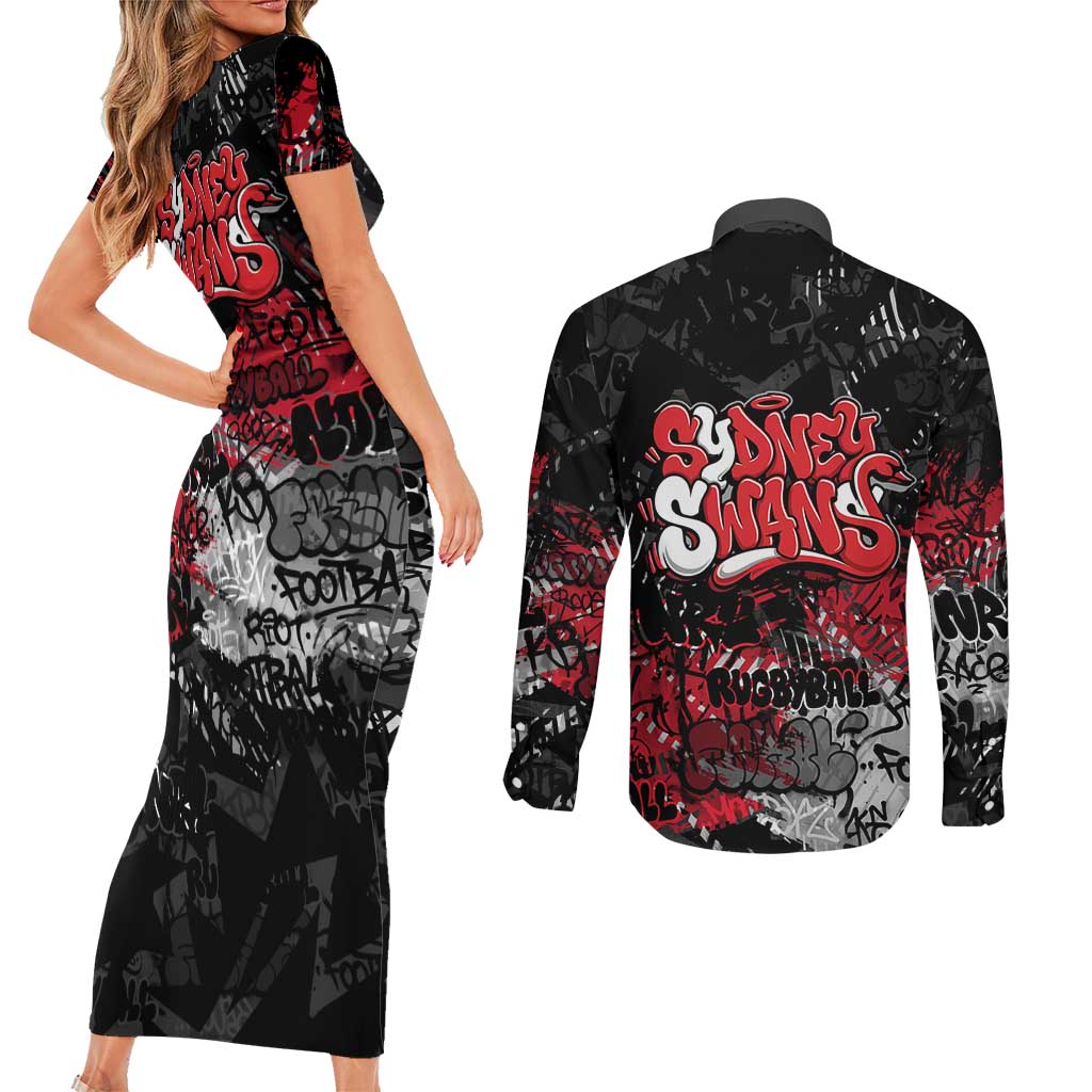 Sydney Swans Couples Matching Short Sleeve Bodycon Dress and Long Sleeve Button Shirt Urban Graffiti Street Art - Bold Abstract Spray Paint