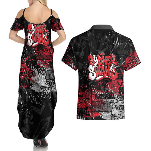 Sydney Swans Couples Matching Summer Maxi Dress and Hawaiian Shirt Urban Graffiti Street Art - Bold Abstract Spray Paint