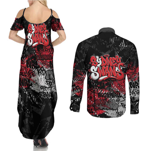 Sydney Swans Couples Matching Summer Maxi Dress and Long Sleeve Button Shirt Urban Graffiti Street Art - Bold Abstract Spray Paint