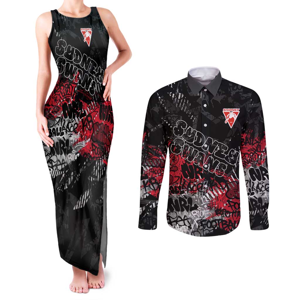 Sydney Swans Couples Matching Tank Maxi Dress and Long Sleeve Button Shirt Urban Graffiti Street Art - Bold Abstract Spray Paint