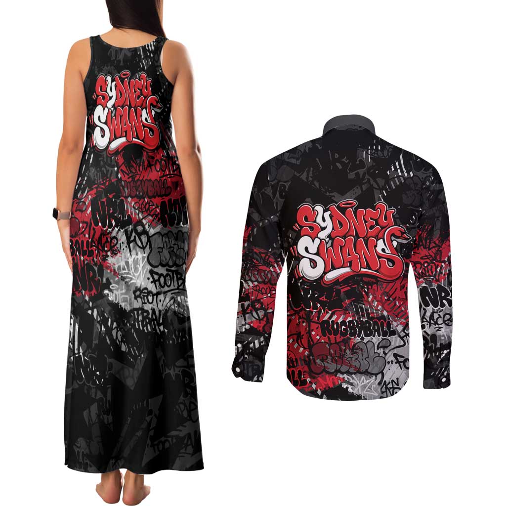 Sydney Swans Couples Matching Tank Maxi Dress and Long Sleeve Button Shirt Urban Graffiti Street Art - Bold Abstract Spray Paint