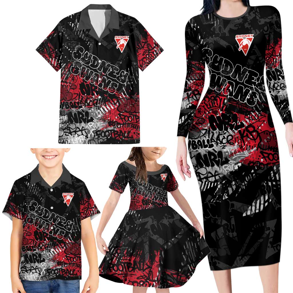 Sydney Swans Family Matching Long Sleeve Bodycon Dress and Hawaiian Shirt Urban Graffiti Street Art - Bold Abstract Spray Paint