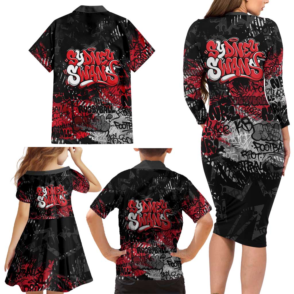 Sydney Swans Family Matching Long Sleeve Bodycon Dress and Hawaiian Shirt Urban Graffiti Street Art - Bold Abstract Spray Paint