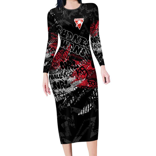 Sydney Swans Family Matching Long Sleeve Bodycon Dress and Hawaiian Shirt Urban Graffiti Street Art - Bold Abstract Spray Paint