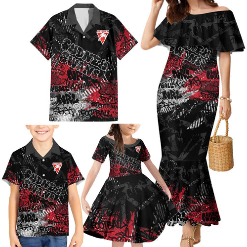 Sydney Swans Family Matching Mermaid Dress and Hawaiian Shirt Urban Graffiti Street Art - Bold Abstract Spray Paint