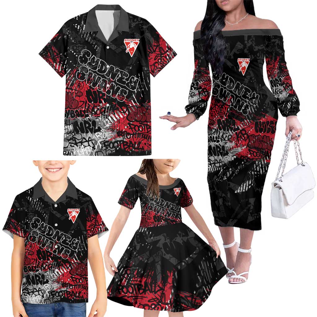 Sydney Swans Family Matching Off The Shoulder Long Sleeve Dress and Hawaiian Shirt Urban Graffiti Street Art - Bold Abstract Spray Paint