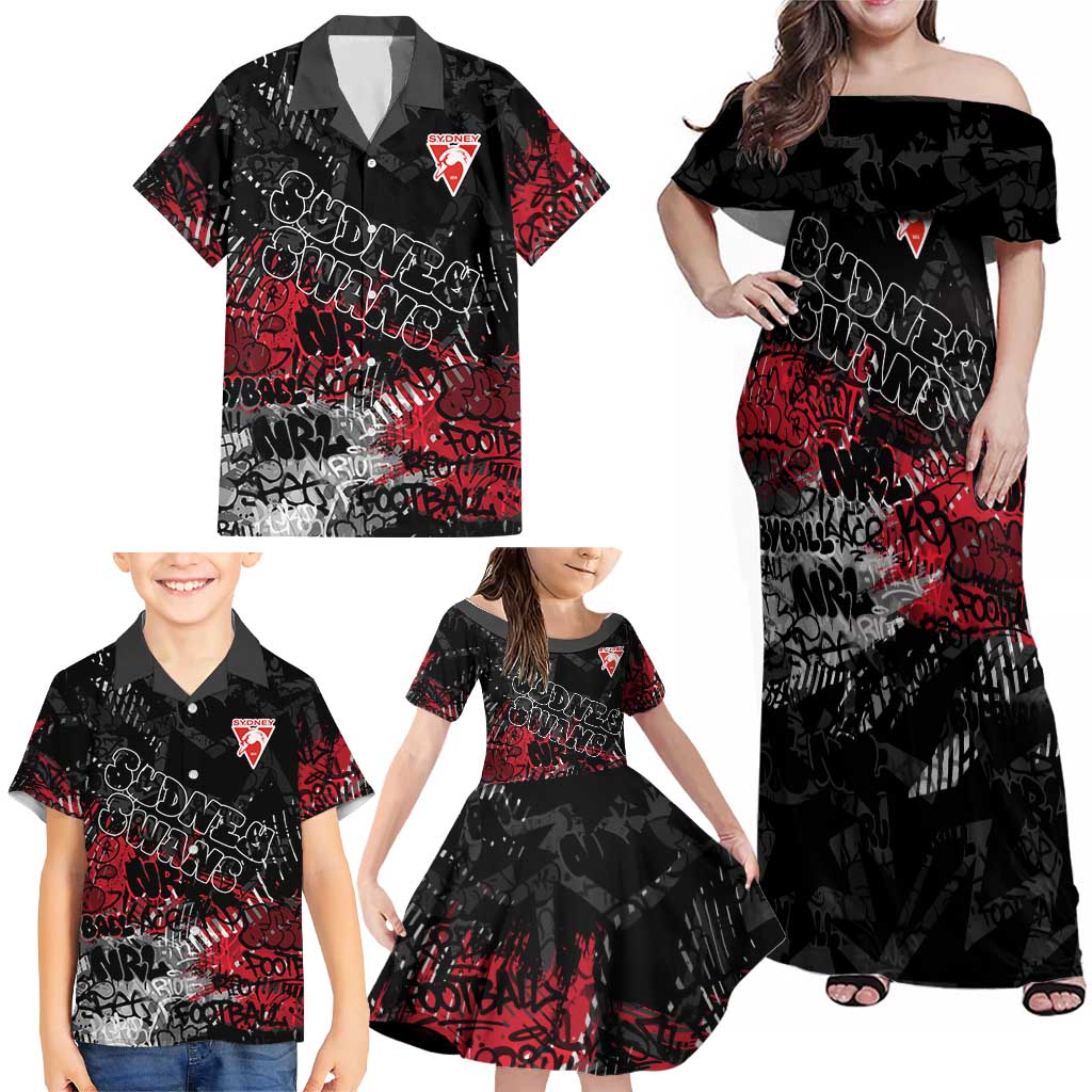 Sydney Swans Family Matching Off Shoulder Maxi Dress and Hawaiian Shirt Urban Graffiti Street Art - Bold Abstract Spray Paint