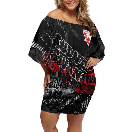 Sydney Swans Family Matching Off Shoulder Short Dress and Hawaiian Shirt Urban Graffiti Street Art - Bold Abstract Spray Paint
