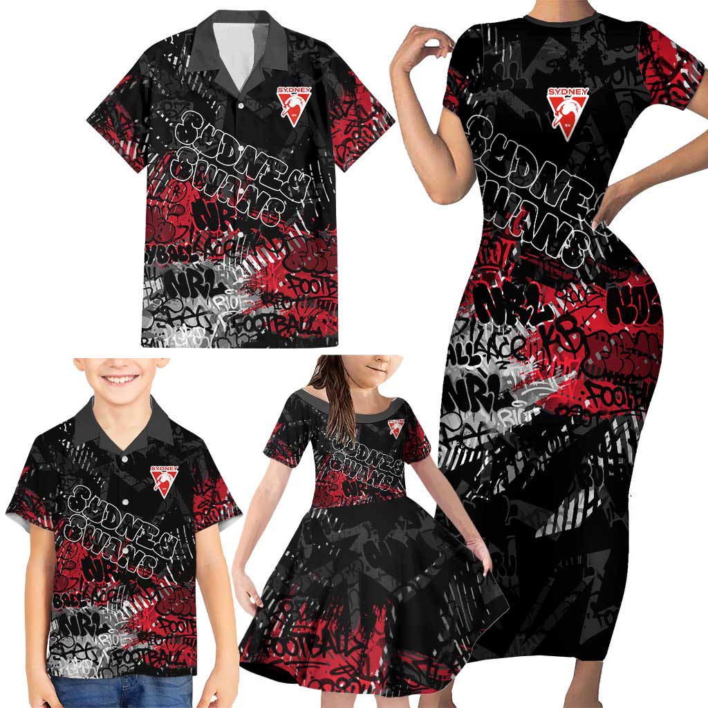 Sydney Swans Family Matching Short Sleeve Bodycon Dress and Hawaiian Shirt Urban Graffiti Street Art - Bold Abstract Spray Paint