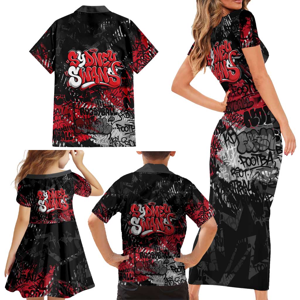 Sydney Swans Family Matching Short Sleeve Bodycon Dress and Hawaiian Shirt Urban Graffiti Street Art - Bold Abstract Spray Paint