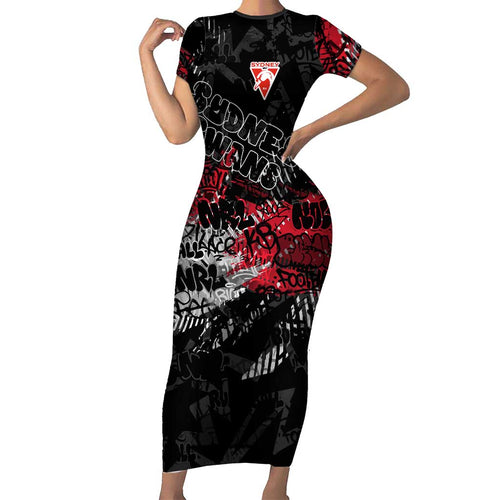 Sydney Swans Family Matching Short Sleeve Bodycon Dress and Hawaiian Shirt Urban Graffiti Street Art - Bold Abstract Spray Paint