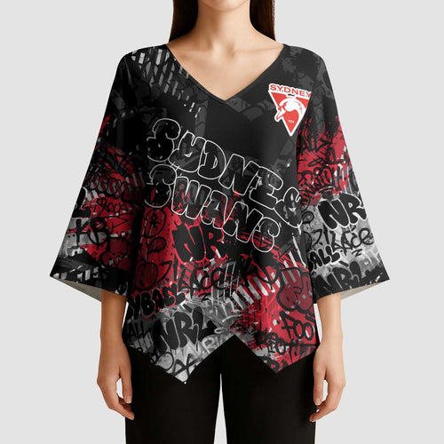 Sydney Swans Kimono Sleeve Blouse Urban Graffiti Street Art - Bold Abstract Spray Paint