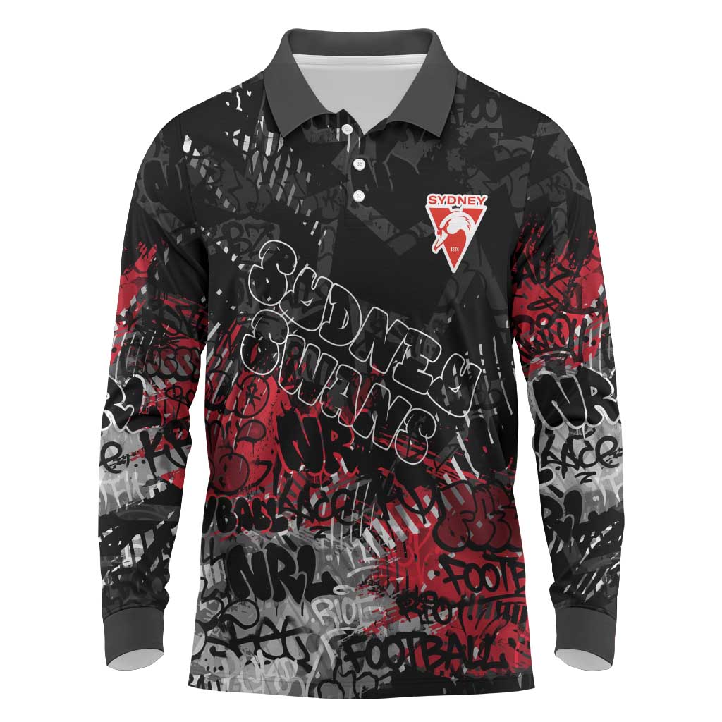 Sydney Swans Long Sleeve Polo Shirt Urban Graffiti Street Art - Bold Abstract Spray Paint