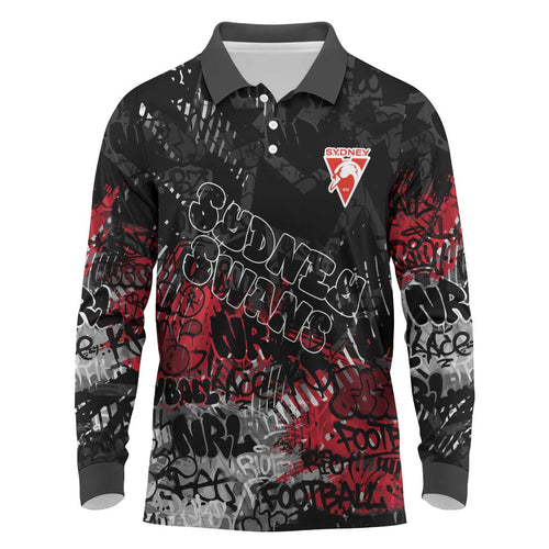 Sydney Swans Long Sleeve Polo Shirt Urban Graffiti Street Art - Bold Abstract Spray Paint