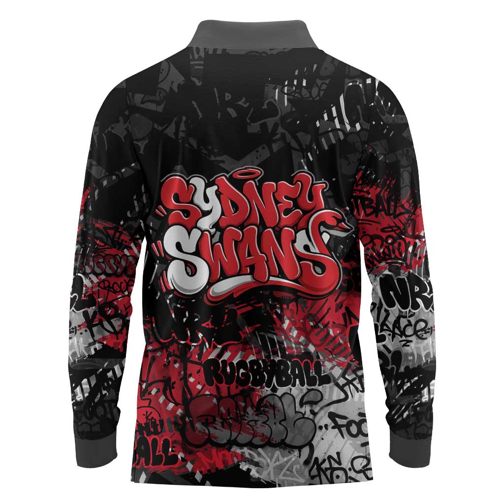 Sydney Swans Long Sleeve Polo Shirt Urban Graffiti Street Art - Bold Abstract Spray Paint