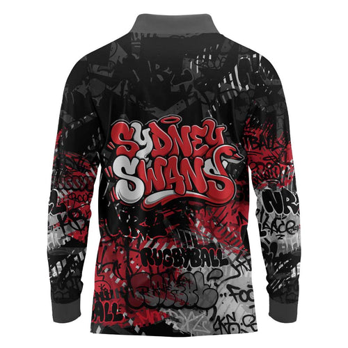 Sydney Swans Long Sleeve Polo Shirt Urban Graffiti Street Art - Bold Abstract Spray Paint
