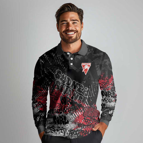 Sydney Swans Long Sleeve Polo Shirt Urban Graffiti Street Art - Bold Abstract Spray Paint