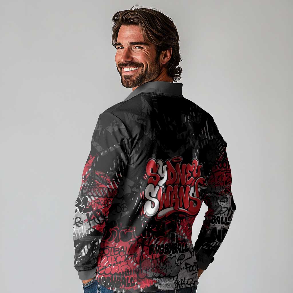 Sydney Swans Long Sleeve Polo Shirt Urban Graffiti Street Art - Bold Abstract Spray Paint