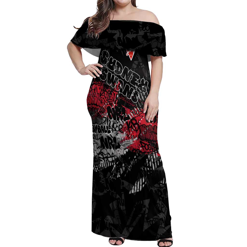 Sydney Swans Off Shoulder Maxi Dress Urban Graffiti Street Art - Bold Abstract Spray Paint