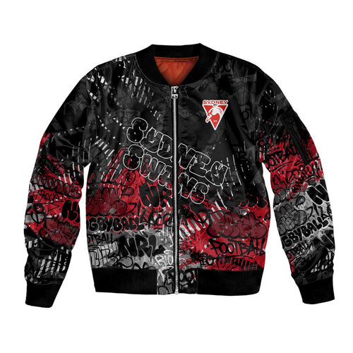 Sydney Swans Sleeve Zip Bomber Jacket Urban Graffiti Street Art - Bold Abstract Spray Paint