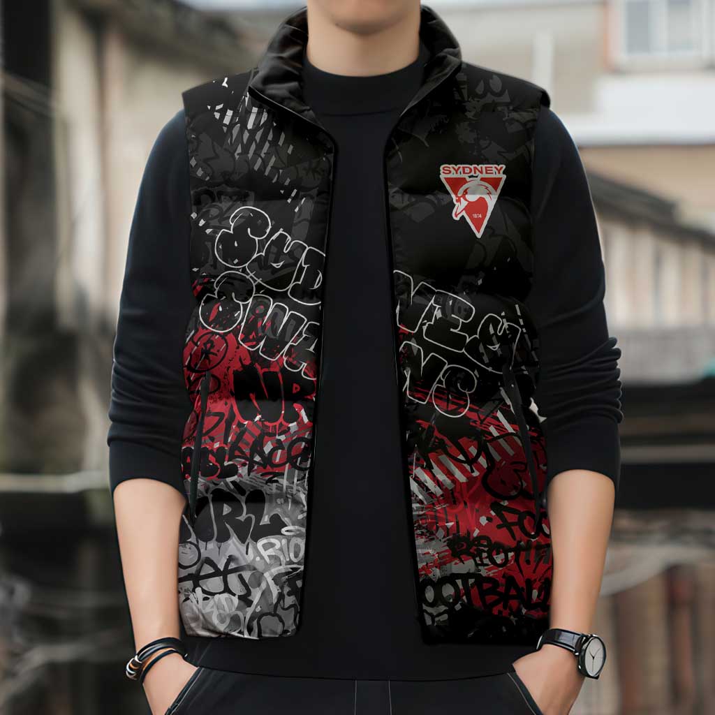 Sydney Swans Sleeveless Puffer Jacket Urban Graffiti Street Art - Bold Abstract Spray Paint