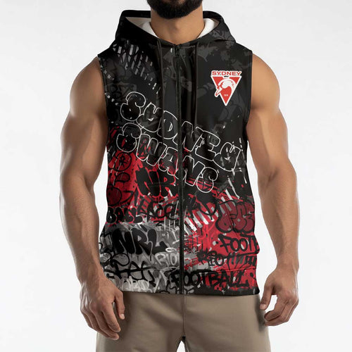 Sydney Swans Sleeveless Zip Hoodie Urban Graffiti Street Art - Bold Abstract Spray Paint
