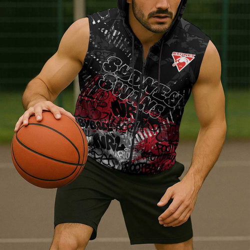 Sydney Swans Sleeveless Zip Hoodie Urban Graffiti Street Art - Bold Abstract Spray Paint