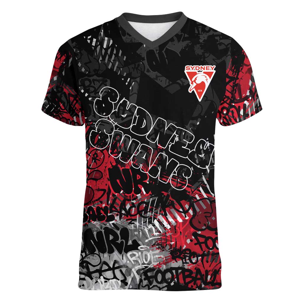 Sydney Swans Women V-Neck T-Shirt Urban Graffiti Street Art - Bold Abstract Spray Paint