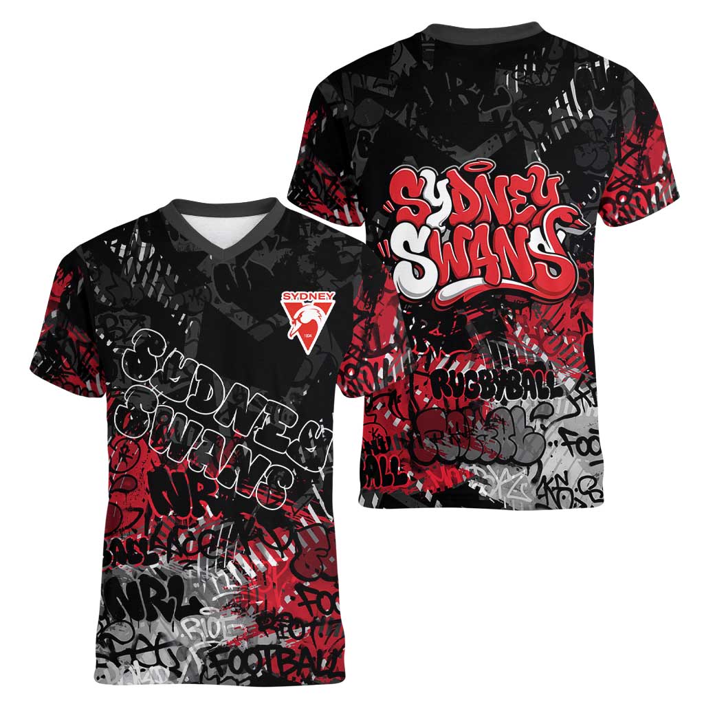 Sydney Swans Women V-Neck T-Shirt Urban Graffiti Street Art - Bold Abstract Spray Paint