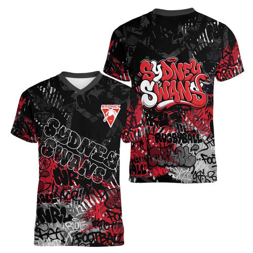 Sydney Swans Women V-Neck T-Shirt Urban Graffiti Street Art - Bold Abstract Spray Paint