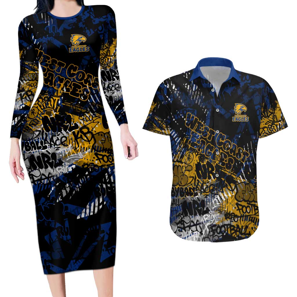West Coast Eagles Couples Matching Long Sleeve Bodycon Dress and Hawaiian Shirt Urban Graffiti Street Art - Bold Abstract Spray Paint