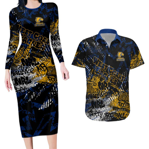 West Coast Eagles Couples Matching Long Sleeve Bodycon Dress and Hawaiian Shirt Urban Graffiti Street Art - Bold Abstract Spray Paint