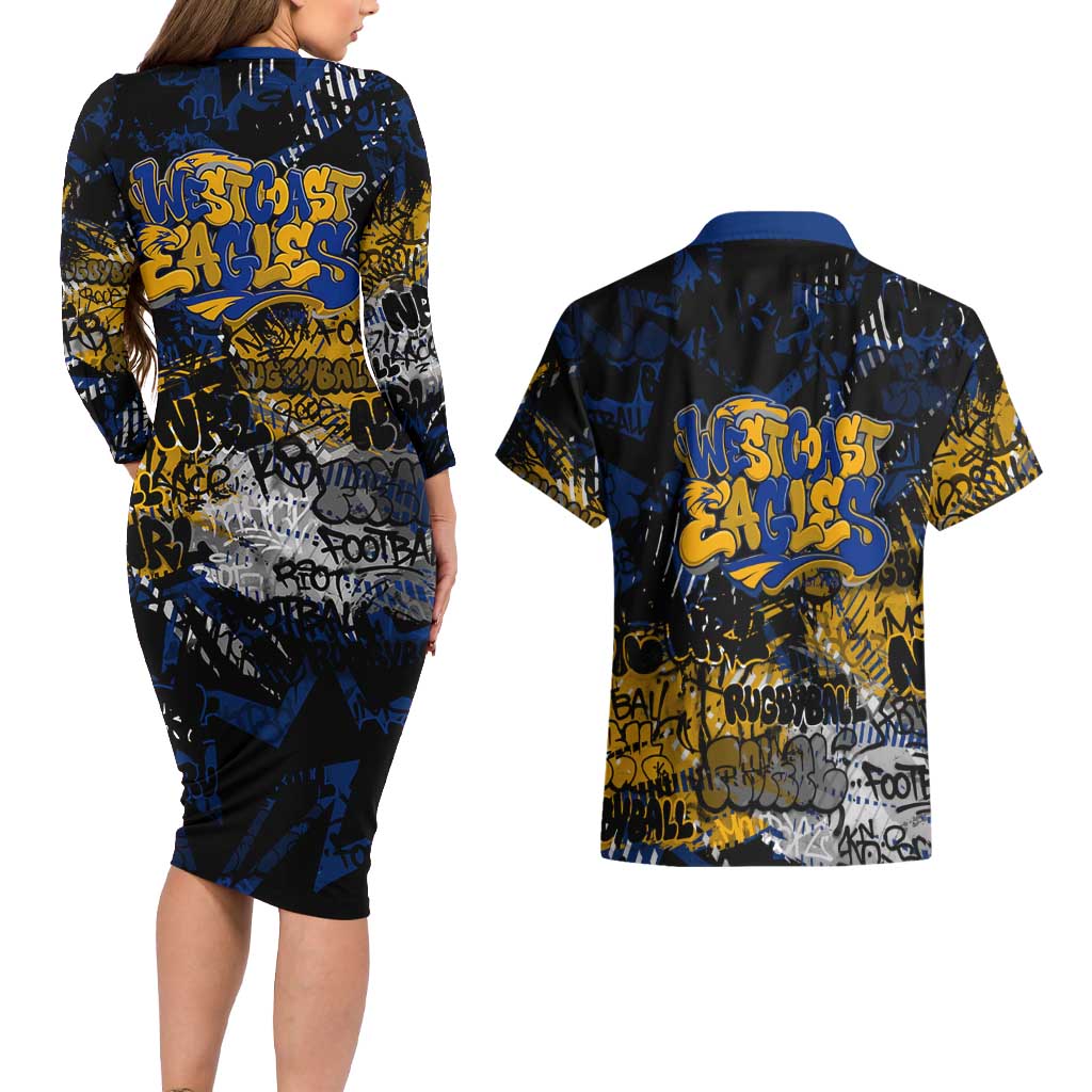 West Coast Eagles Couples Matching Long Sleeve Bodycon Dress and Hawaiian Shirt Urban Graffiti Street Art - Bold Abstract Spray Paint