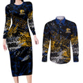 West Coast Eagles Couples Matching Long Sleeve Bodycon Dress and Long Sleeve Button Shirt Urban Graffiti Street Art - Bold Abstract Spray Paint
