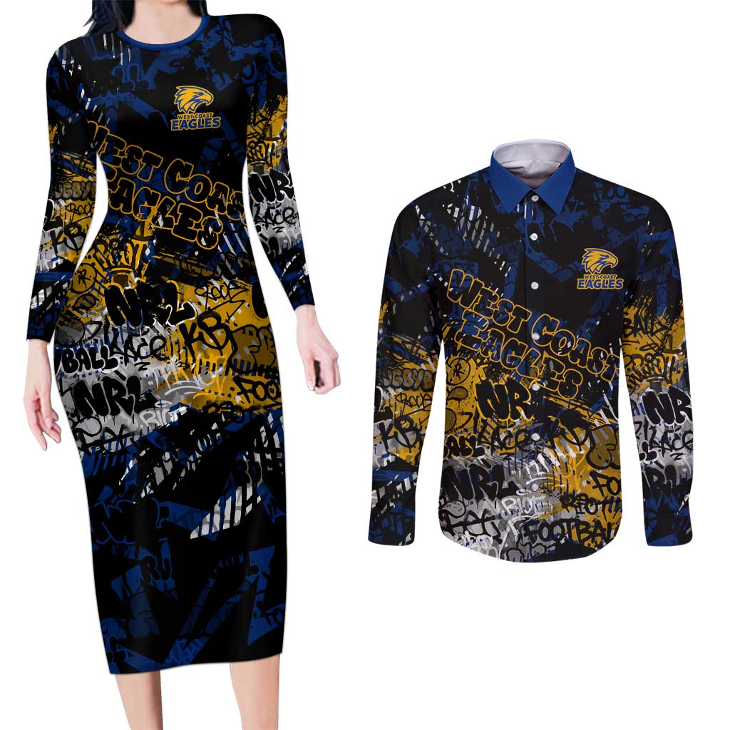 West Coast Eagles Couples Matching Long Sleeve Bodycon Dress and Long Sleeve Button Shirt Urban Graffiti Street Art - Bold Abstract Spray Paint
