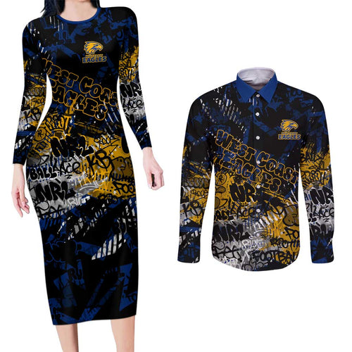 West Coast Eagles Couples Matching Long Sleeve Bodycon Dress and Long Sleeve Button Shirt Urban Graffiti Street Art - Bold Abstract Spray Paint