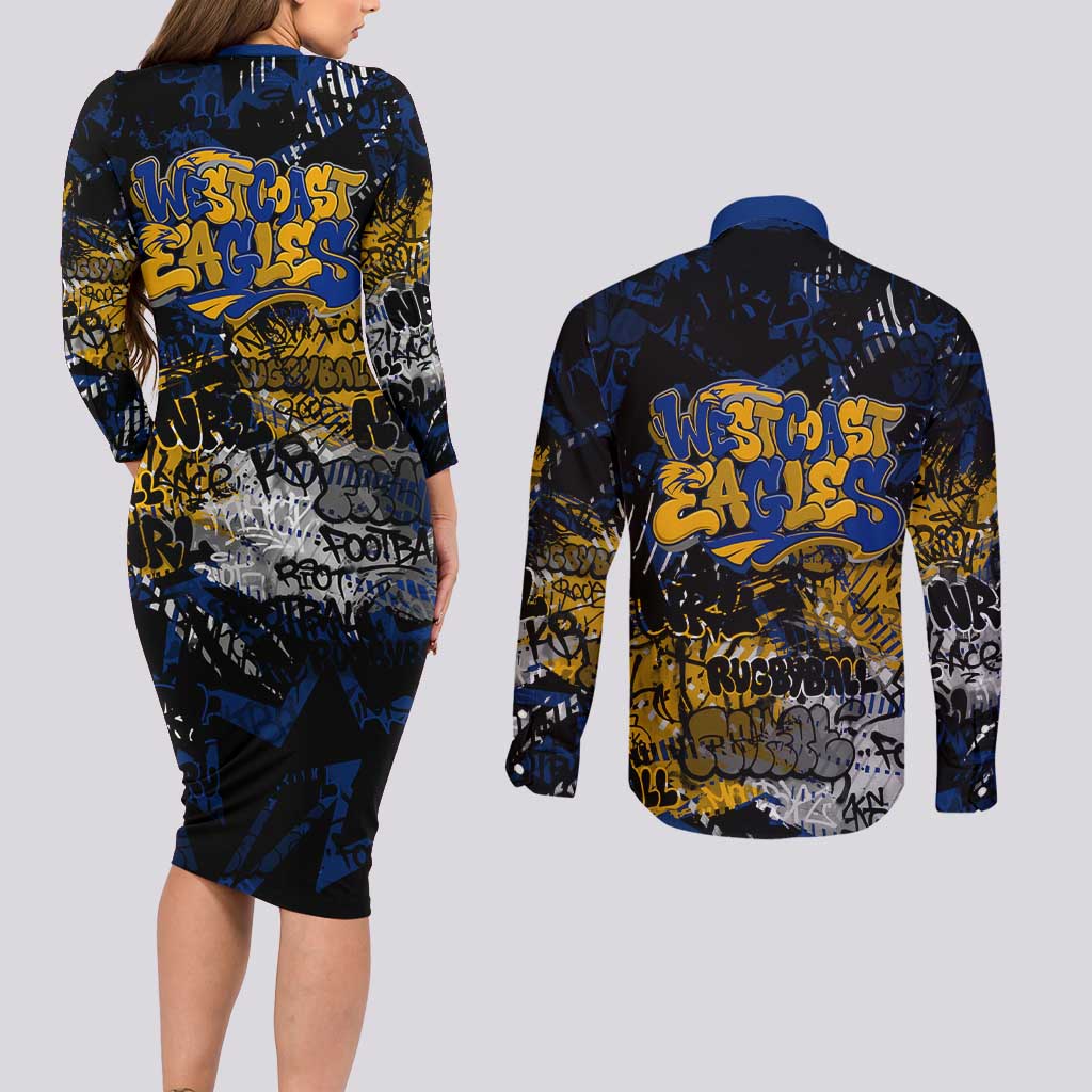 West Coast Eagles Couples Matching Long Sleeve Bodycon Dress and Long Sleeve Button Shirt Urban Graffiti Street Art - Bold Abstract Spray Paint