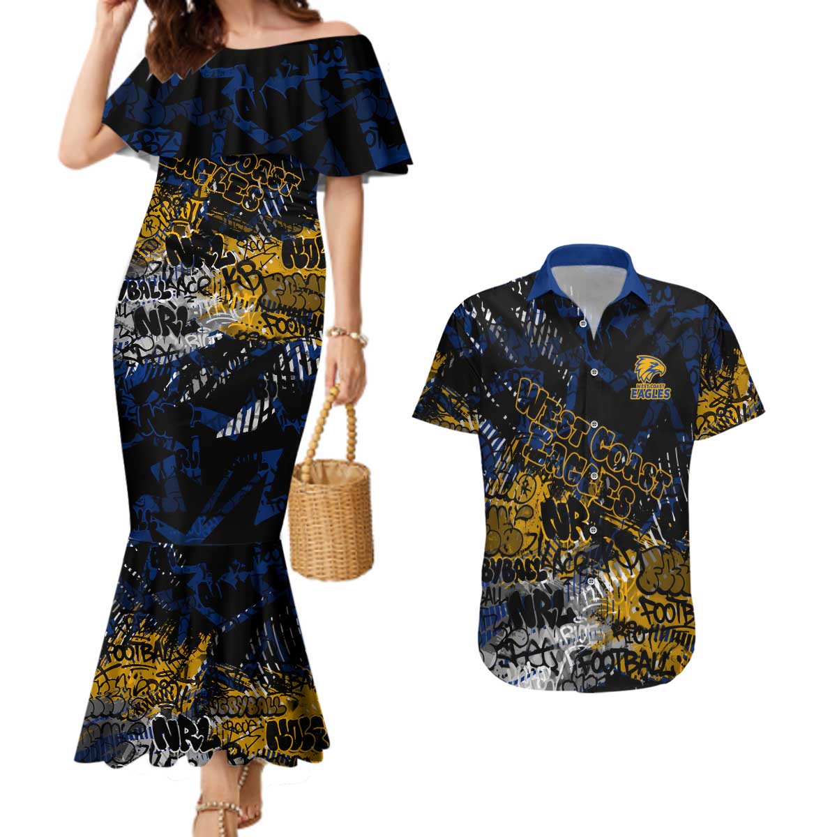 West Coast Eagles Couples Matching Mermaid Dress and Hawaiian Shirt Urban Graffiti Street Art - Bold Abstract Spray Paint