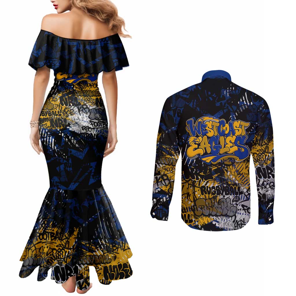 West Coast Eagles Couples Matching Mermaid Dress and Long Sleeve Button Shirt Urban Graffiti Street Art - Bold Abstract Spray Paint