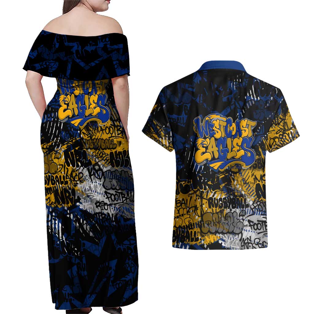 West Coast Eagles Couples Matching Off Shoulder Maxi Dress and Hawaiian Shirt Urban Graffiti Street Art - Bold Abstract Spray Paint