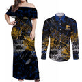 West Coast Eagles Couples Matching Off Shoulder Maxi Dress and Long Sleeve Button Shirt Urban Graffiti Street Art - Bold Abstract Spray Paint