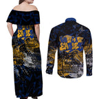 West Coast Eagles Couples Matching Off Shoulder Maxi Dress and Long Sleeve Button Shirt Urban Graffiti Street Art - Bold Abstract Spray Paint
