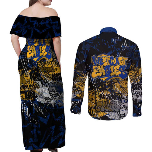 West Coast Eagles Couples Matching Off Shoulder Maxi Dress and Long Sleeve Button Shirt Urban Graffiti Street Art - Bold Abstract Spray Paint