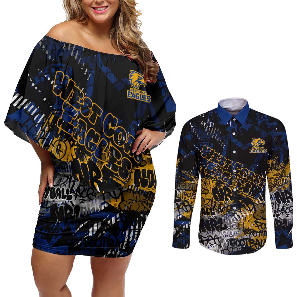 West Coast Eagles Couples Matching Off Shoulder Short Dress and Long Sleeve Button Shirt Urban Graffiti Street Art - Bold Abstract Spray Paint