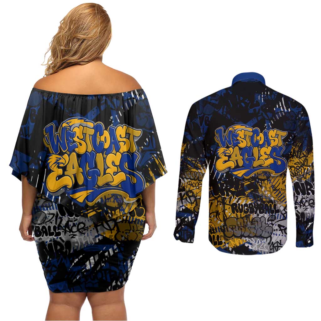 West Coast Eagles Couples Matching Off Shoulder Short Dress and Long Sleeve Button Shirt Urban Graffiti Street Art - Bold Abstract Spray Paint