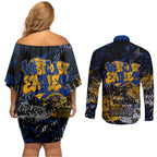 West Coast Eagles Couples Matching Off Shoulder Short Dress and Long Sleeve Button Shirt Urban Graffiti Street Art - Bold Abstract Spray Paint