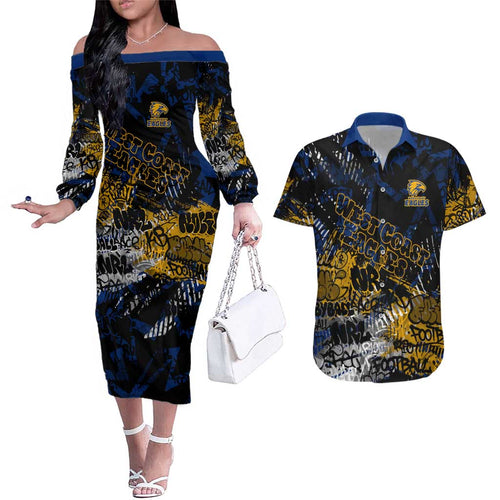 West Coast Eagles Couples Matching Off The Shoulder Long Sleeve Dress and Hawaiian Shirt Urban Graffiti Street Art - Bold Abstract Spray Paint